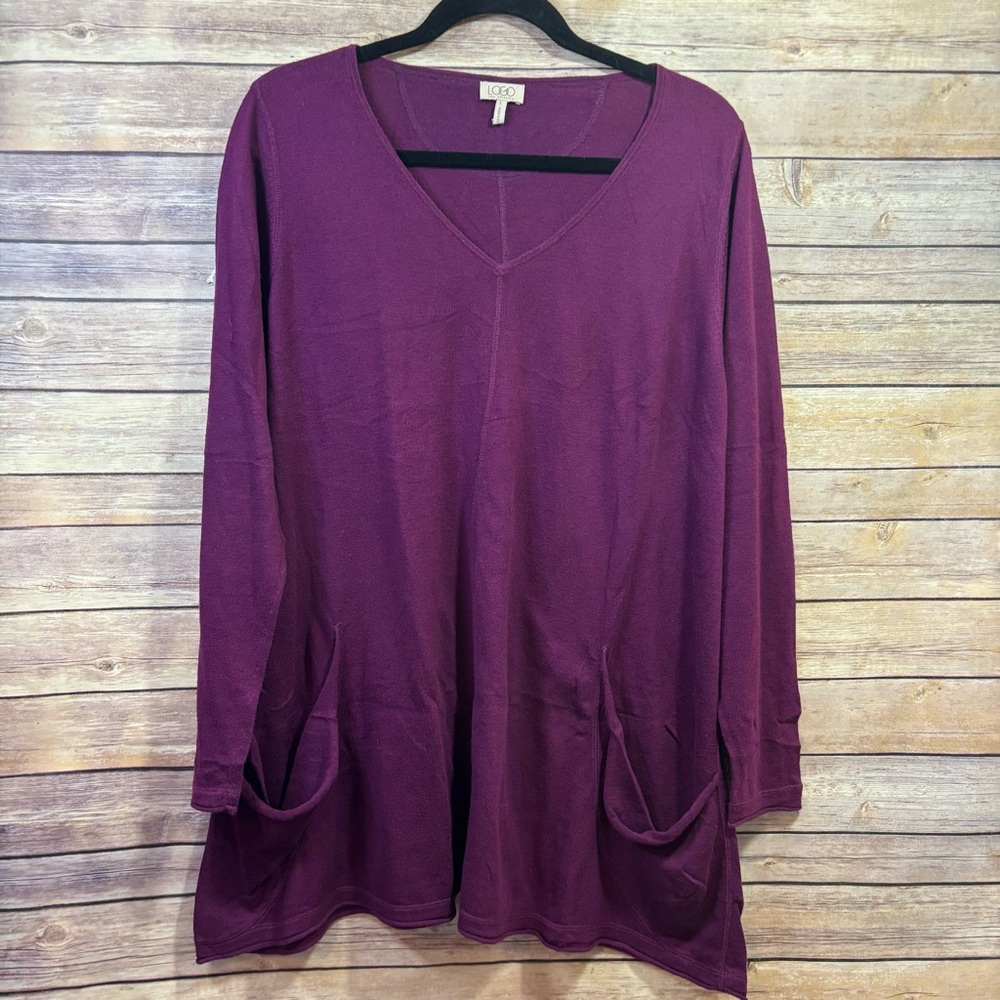 LOGO by Lori Goldstein Women's Purple Cotton Cashmere Sweater Size Large